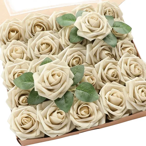Vista 56 de Floroom Flores artificiales, 25 piezas de rosas falsas de espuma dorada antigua de aspecto real con tallos para ramos de boda DIY, centros de mesa
