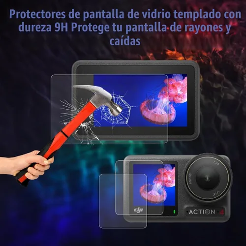 Vista 3 de PCTC Protector de pantalla para cámara DJI OSMO Action 4, protector de lente Osmo Action 4 + película de pantalla LCD de vidrio templado + cubierta