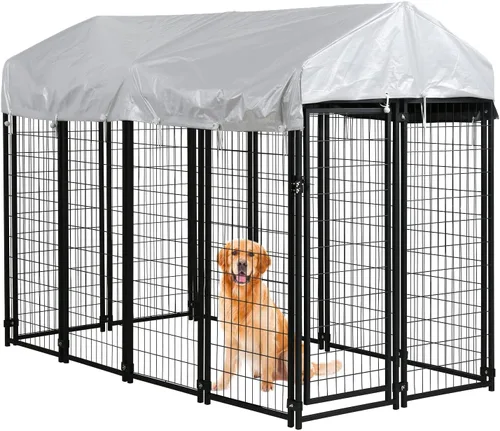 Vista 8 de Perrera para perros grandes, resistente a los rayos UV, resistente a los rayos UV, 4 x 4 x 4.3 pies, alambre soldado de metal con techo impermeable