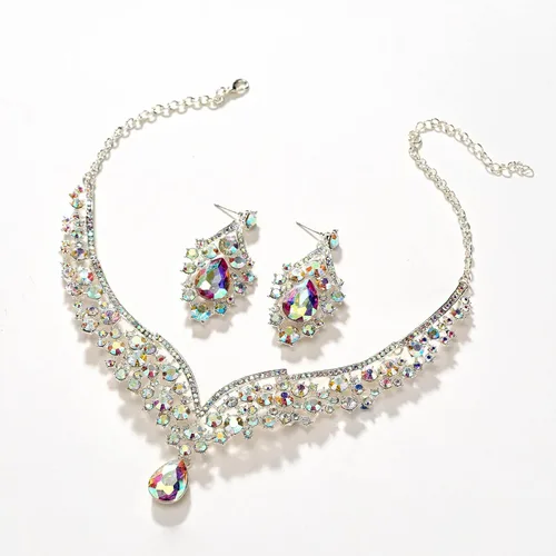 Vista 5 de SWEETV Corona de boda para novia, paquete de 3 aretes de tiara, juego de joyas para novia, cristal iridiscente, fiesta, cumpleaños, graduación