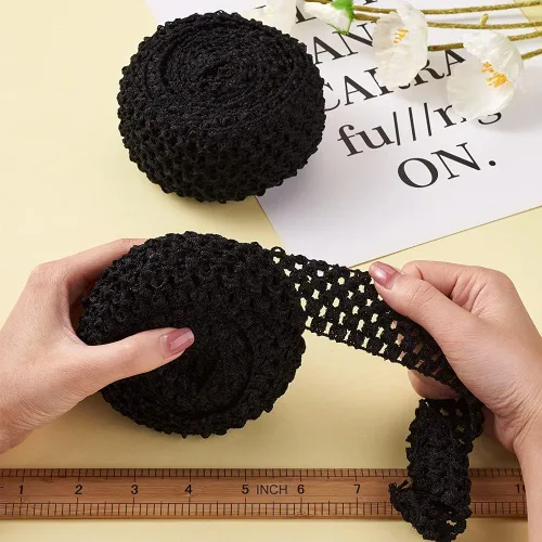 Vista 4 de KISSITTY 2 rollos de cintas elásticas de ganchillo de 10.93 yardas, de poliéster negro, banda elástica de ganchillo plano para envolver regalos