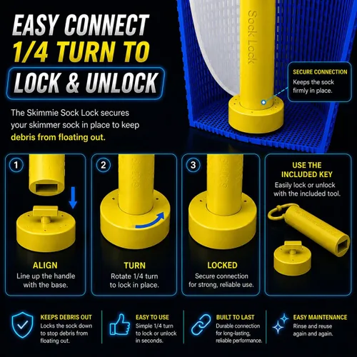 Vista 7 de Skimmie Sock Lock - Máxima comodidad de limpieza de piscinas: mango extraíble para calcetines Skimmer mantiene los desechos dentro, incluso cuando