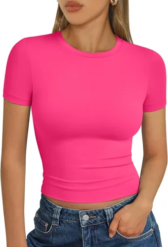 Vista 18 de Trendy Queen - Camisetas básicas para mujer, camisetas de verano 2025, de manga corta, ajustadas, para gimnasio, entrenamiento, ropa estilo Y2K