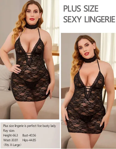 Vista 5 de Avidlove - Lencería para mujer camisón de encaje con cuello estilo halter vestido de noche estilo Teddy