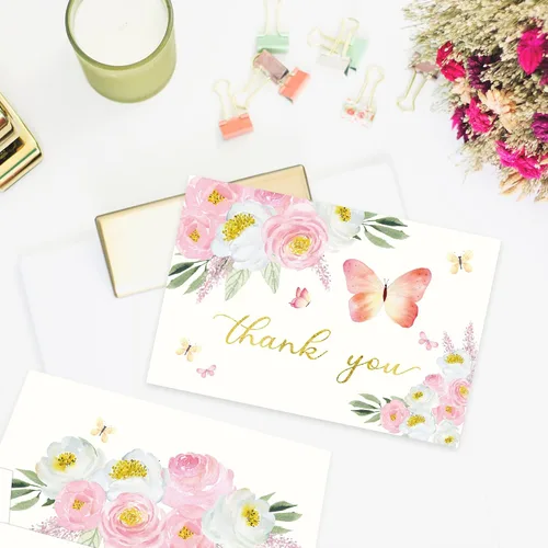 Vista 6 de Gooji Tarjetas de agradecimiento florales de color rosa mariposa 4 x 6 con sobres a granel (paquete de 20 sobres a juego), acuarela, fiesta