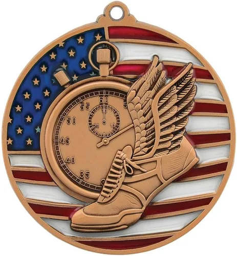 Vista 2 de Decade Awards Track & Field - Medalla patriótica - Oro, plata, bronce Premio al running rojo, blanco y azul con cinta de estrellas y rayas