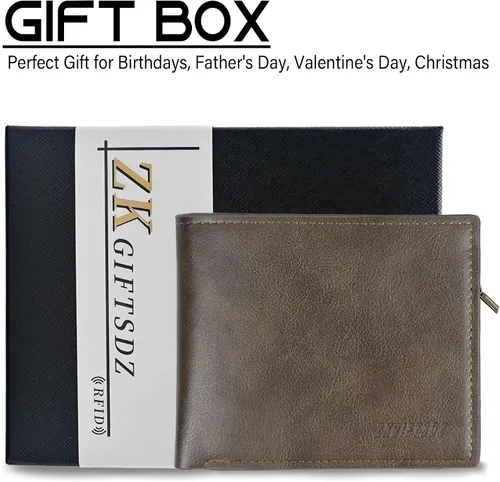 Vista 6 de Zkgiftsdz Cartera de piel con bloqueo RFID para hombre, con ventana de identificación y caja de regalo, color negro, marrón (Wallet-Brown)