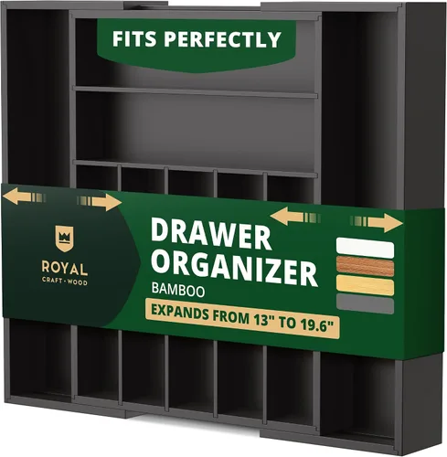 Vista 16 de ROYAL CRAFT WOOD Organizador de cajones de cocina de bambú de lujo, organizador de cubiertos, soporte para utensilios y bandeja de cubiertos