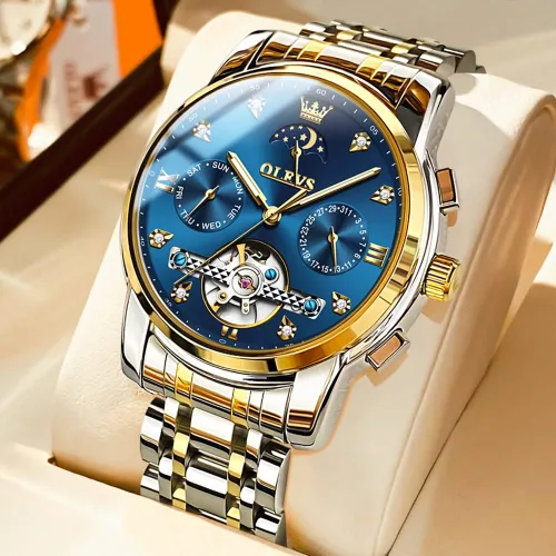 Vista 2 de OLEVS Relojes automáticos para hombre, de lujo, de cuerda automática, reloj de pulsera mecánico, de acero inoxidable, impermeable, luminoso, fecha