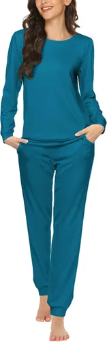 Vista 39 de Ekouaer - Conjunto de pijama de manga larga para mujer, ropa de dormir suave con cuello redondo y bolsillos, conjuntos de ropa de descanso Negro