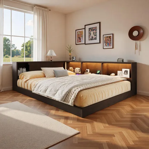 Vista 15 de SOFTSEA Sofá cama esquinera de tamaño matrimonial con nido y estantería, sofá cama en forma de L con luces LED y puertos USB, marco de cama Antique