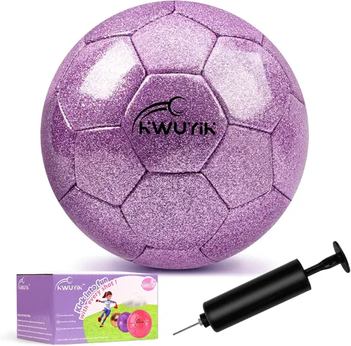 Vista 13 de Balón de fútbol de talla 3, 4, 5, con purpurina rosa, dorado, morado, con bomba, pelota de fútbol juvenil para niños pequeños, balón de fútbol