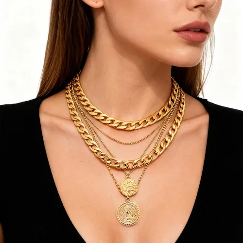 Vista 5 de Vintage Pirate Necklace for Women, Layered Chunky Gold Chain with Coin Pendant, 80s 90s Retro Costume Accessories Women Men Jewelry