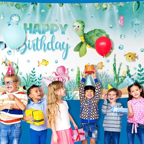 Vista 5 de Preboun Pancarta de fondo de cumpleaños de tortuga oceánica, decoración de fondo de fotos de animales marinos del océano para fiesta de cumpleaños