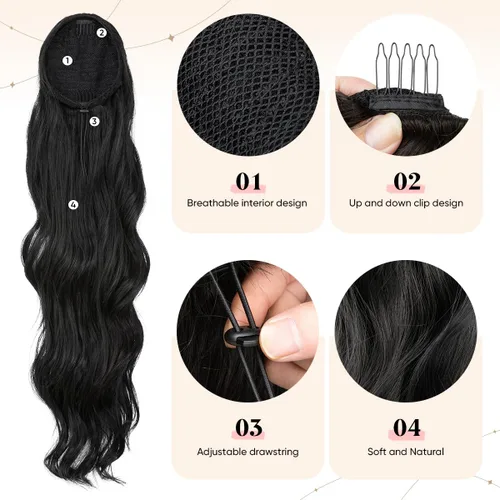 Vista 3 de Extensiones de cabello sintético ondulado con cordón para cola de caballo de 26 pulgadas, para mujer, castaño medio ceniza, rubio ceniza