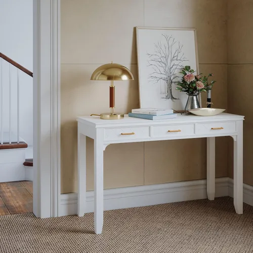 Vista 7 de Jofran Mid-Century - Escritorio moderno de madera de acacia con 3 cajones y puerto de carga USB, escritorio de computadora de 48 pulgadas para Blanc
