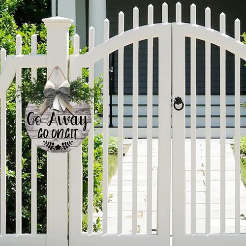 Vista 4 de Letrero de Go Away Go On Git para puerta delantera, decoración de puerta delantera de 12 pulgadas para decoración de porche de granja, letrero