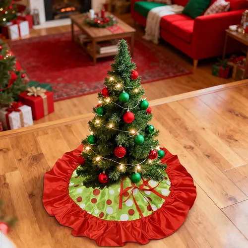 Vista 5 de Yuboo 24" Falda de árbol de Navidad de puntos rojos y verdes - Falda de árbol de mesa pequeña con volantes, tapete de árbol de Navidad mini