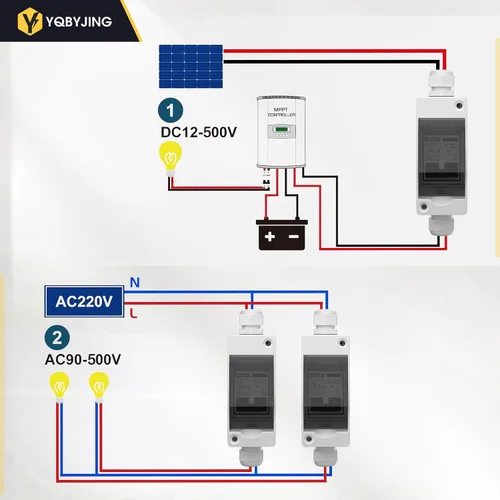 Vista 196 de Interruptor de desconexión de panel solar CC 20 Amp AC Caja de interruptor de circuito en miniatura 500V 2 polos con caja IP65 impermeable a prueba