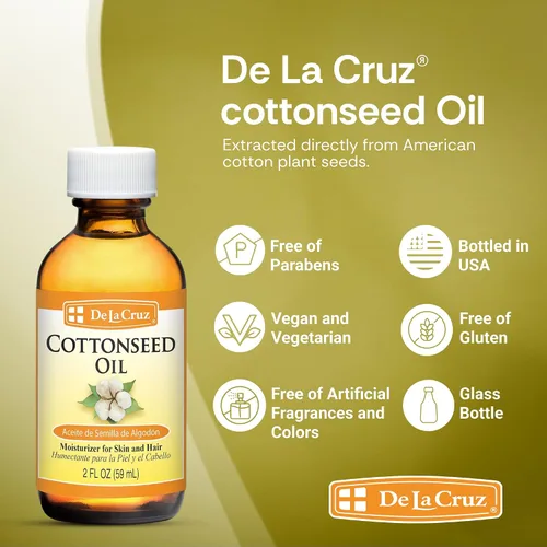 Vista 2 de De La Cruz Aceite de semilla de algodón, hidratante para piel y cabello, aceite portador multiusos, 2 onzas líquidas (1 botella)