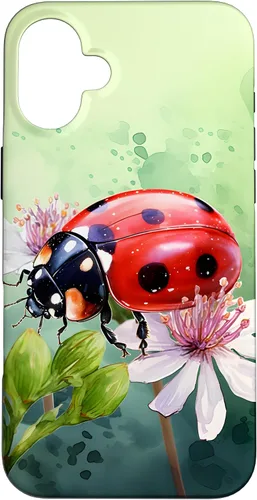 Vista 22 de Funda para iPhone 16 con diseño de mariquita en flores, color verde