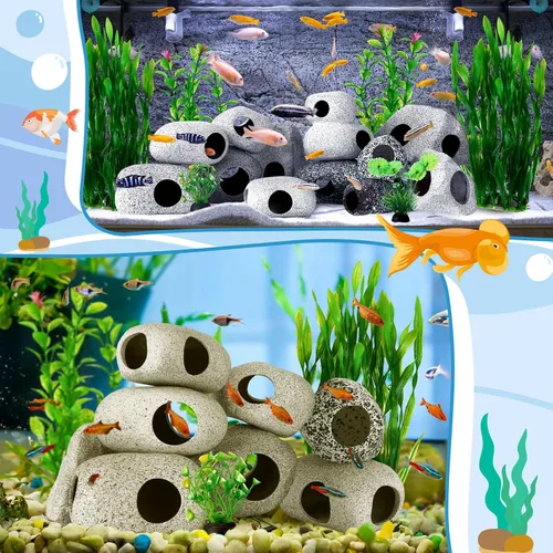 Vista 4 de Gejoy 28 piezas de decoración de acuario, accesorios para pecera de cueva, plantas verdes, incluyen 12 cuevas de roca de cerámica y 16 plantas