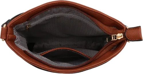 Vista 5 de Bolso bandolera clásico de tamaño mediano con placa dorada, Marrón, talla única