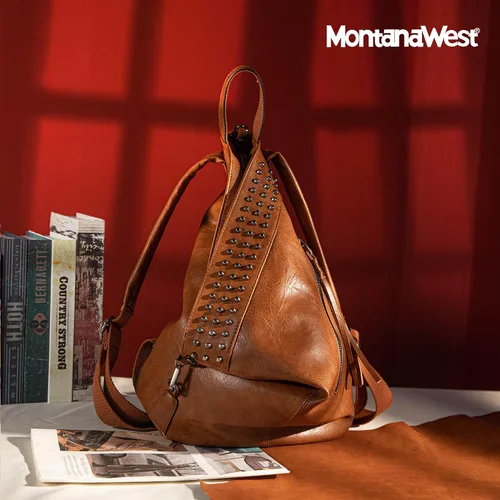 Vista 2 de Montana West Mochila para mujer, de cuero lavado suave, con cordón, casual, para viajes, grandes mochilas, **Mochila antirrobo marrón, Mochilas