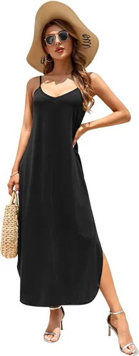 Vista 3 de Huskary - Vestido largo de verano para mujer, casual, sin mangas, con cuello en V y tirantes delgados, abertura lateral, diseño suelto