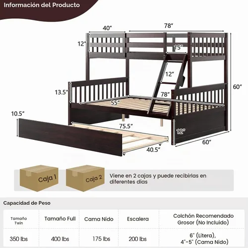 Vista 2 de KOMFOTT Litera de Madera Twin Over Full con Cama Nido, Marco de Cama con Marco de Madera de Pino Maciza, Litera que Ahorra Espacio con Escalera