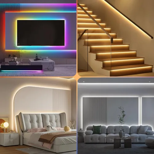Vista 7 de Tira de luces LED RGBWW+IC de 50 pies, regulable, multicolor, 3000K-6500K luces LED con control remoto, cinta de luces RGB autoadhesivas que cambian