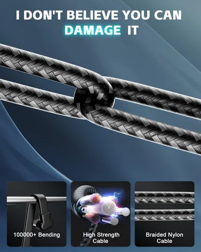 Vista 5 de Cable USB C de 1 pie, cargador tipo C de 60 W, carga rápida, cable USB-C trenzado de nailon en ángulo recto, cargador de cable C de 90 grados
