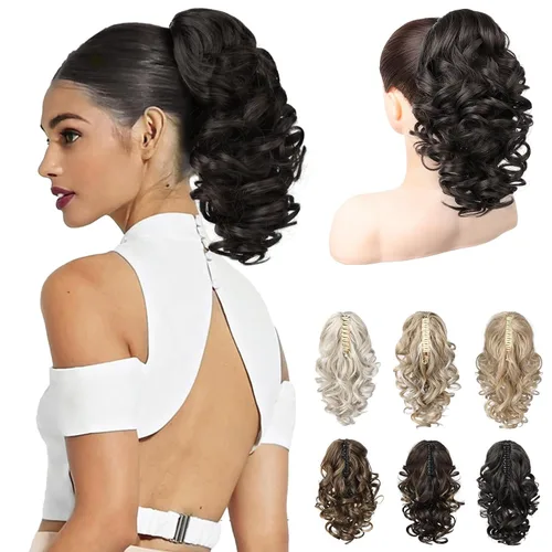 Vista 15 de REECHO Extensión de cola de caballo de 12 pulgadas, pinza de cola de caballo rizada y ondulada clásica para mujeres - Negro