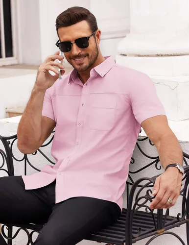 Vista 2 de COOFANDY Camisas de vestir para hombre, de manga corta, de algodón, casual, con botones, con bolsillo