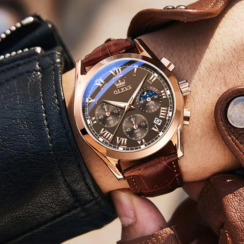 Vista 2 de OLEVS Relojes para hombre, correa de cuero, reloj analógico de cuarzo, reloj impermeable con esfera grande de moda, relojes luminosos de lujo