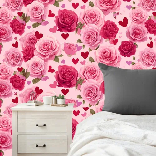 Vista 2 de Papel tapiz autoadhesivo para el día de San Valentín, diseño de rosas, diseño de corazón rosa floral, para decoración de pared de dormitorio, baño