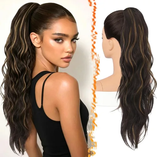 Vista 20 de BARSDAR 25 Inch Synthetic Dual Claw Clip Auburn Brown Loose Wavy Ponytail
