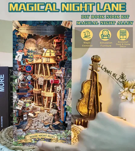 Vista 4 de Spilay - Kit de rincón de libro para adultos, Magic Night Lane DIY Kit de casa en miniatura With Warm LED Light, DIY Wooden Craft for Bookshelf