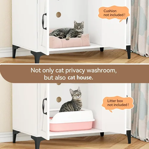 Vista 4 de Caja oculta para gatos con almacenamiento de estantes, muebles de madera resistente para baño, color blanco