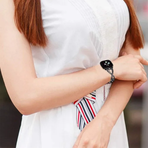 Vista 5 de FitTurn Compatible con Fitbit Versa 4/Sense 2/Versa 3/Sense Band para mujer, correa de repuesto de metal con diamantes de imitación de cristal