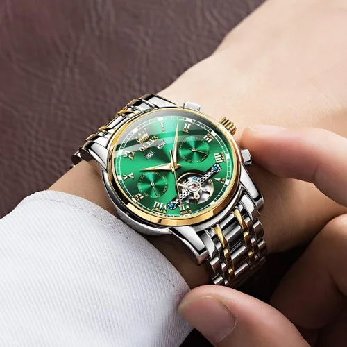 Vista 3 de OLEVS Relojes de cuerda automática para hombre, reloj mecánico automático Tourbillon de acero inoxidable con doble calendario, impermeable, luminoso