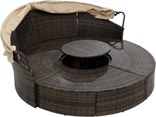 Vista 8 de Sofá cama redondo de ratán al aire libre con toldo retráctil y mesa de centro elevadora, muebles de patio, juego de sofá para piscina Garde