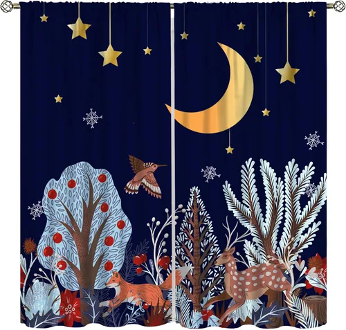 Vista 39 de YCness Cortinas para niños y niñas, diseño de animales de la selva, bosque de otoño, dibujos animados, ciervos, conejos, zorros, búhos, cortinas
