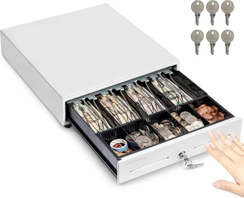 Vista 11 de Volcora Cajón manual de 13" para caja registradora con apertura por presión para sistema de punto de venta (POS), cajón resistente color negro con 4