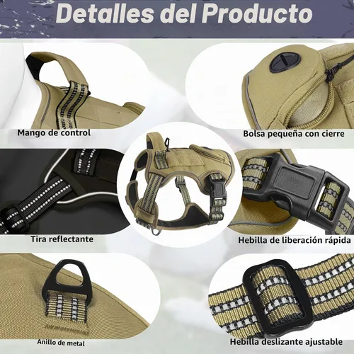 Vista 2 de Arnés táctico para perros grandes, chaleco de servicio militar resistente sin tirones con asa de control y 4 parches, arnés ajustable reflectante