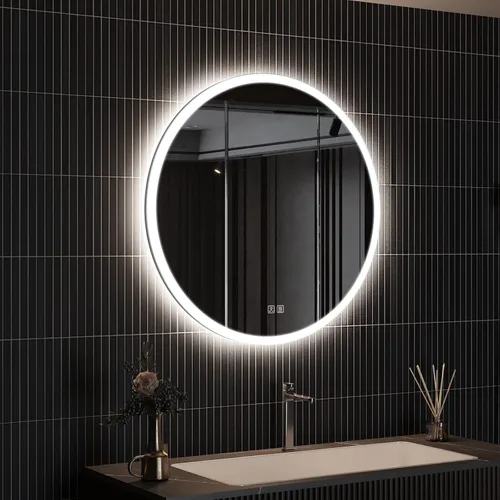 Vista 17 de ROOMTEC Espejo de baño LED redondo de 28 pulgadas con luces, espejo de tocador circular con parte delantera y retroiluminada, marco de aluminio