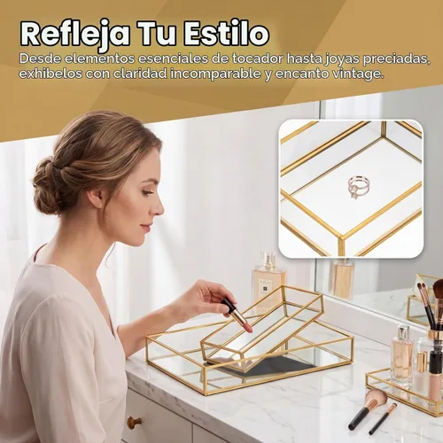 Vista 3 de Lyellfe Paquete de 2 bandejas de perfume, bandeja decorativa de espejo dorado