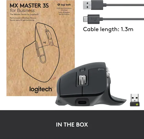 Vista 10 de Logitech MX Master 3S para negocios, mouse inalámbrico con clics silenciosos, 8K DPI, receptor USB con pernos Logi seguros, Bluetooth, carga USB-C