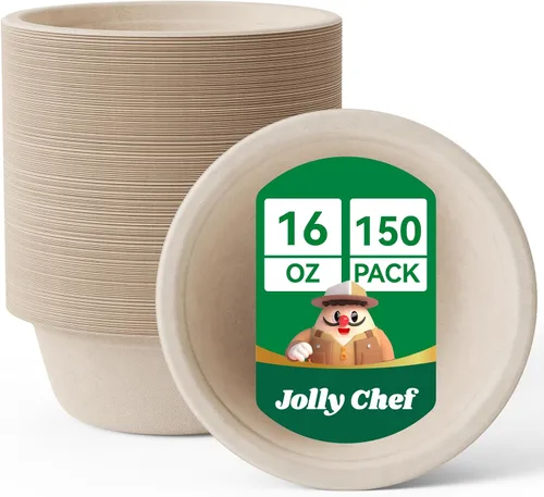 Vista 10 de JOLLY CHEF Cuencos de papel compostables desechables [12 oz] Recipientes para sopa resistentes [150 paquetes] Bagazo biodegradable apto