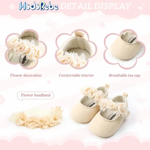 Vista 4 de HsdsBebe 2 unidsset recién nacido bebé niña princesa Mary Jane zapatos para niños pequeños vestido de boda zapatos planos con diadema gratis